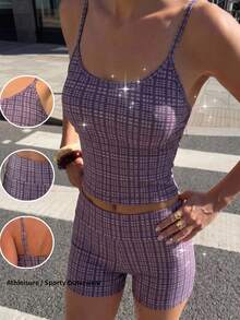Pariaura Summer 2 Pieces Set Spaghetti Strap Tank Top & Plaid Print Bikini Bottom Elegant Swimwear Set - Multicolor - View 2