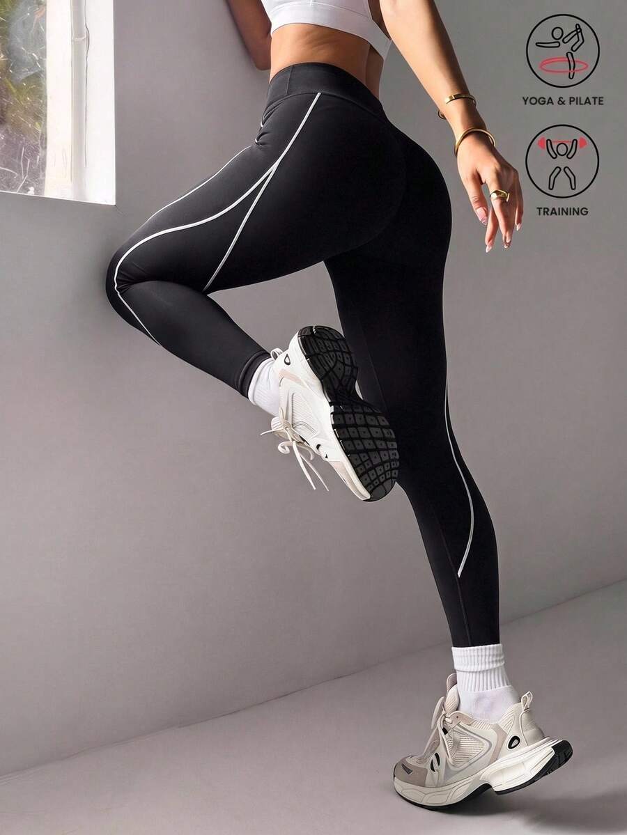 Dewbera Dewbera 女款拼色休閒百搭日常穿著運動緊身褲 - 黑色 - 查看 1