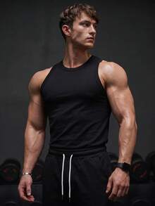GymBeat 男士純色圓領無袖修身休閒透氣運動背心壓縮上衣，健身黑色 - 黑色 - 查看 4