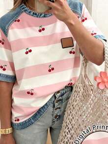 EMERY ROSE Women's Striped Patchwork Round Neck Short Sleeve Casual Versatile T-Shirt - Multicolor - View 3
