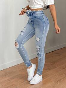 SHEIN Tall 春夏季女款休閒修身高彈力牛仔褲 藍色 高個女款牛仔褲 秋季 - 淺色水洗藍 - 查看 6
