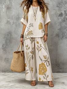 Balvessa Bohemian Boho Style Elegant Linen 2 Pieces Set Round Neck Design Long Pants Digital Print Brunch Vacation Beige Summer - Khaki - View 3