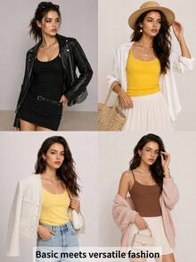 SHEIN BASICS 1件女款純色修身休閒細肩帶背心上衣 白色上衣 - 駝色 - 查看 14