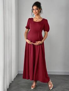 Momance Comfortable Asymmetrical Shoulder Ruched Waist A-Line Elegant Romantic Maternity Dress - 酒紅色 - 查看 7