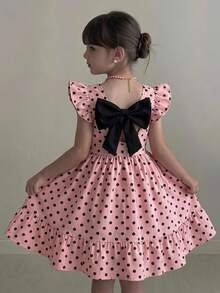SHEIN Young Girls Polka Dot Print Flutter Sleeve A-Line U-Back Contrast Bow Dress, Suitable For Vacation And Summer Outings 7th Birthday Back To School - Multicolor - View 3