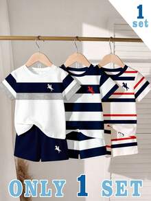SHEIN Vintaside Kids 3套組，隨機附贈1套，皇家藍與紅色對比皇家藍休閒時尚經典騎士印花圓領短袖T恤與短褲套裝 - 彩色 - 查看 4