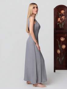 PRISCILA ESCOTO PRISCILA ESCOTO Women's Casual Grey Plain Woven Sleeveless Round Neck Maxi Dress With Flared Hem And Plicated Details Long Tank Dress - Grey - View 4