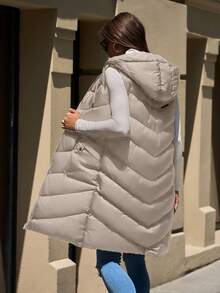 EURMUSE Sleeveless Hooded Pocket Design Zip-Up Long Padded Coat - Cream - View 2