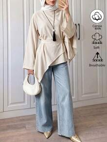 Elenzga Apricot Textured Washed Linen Asymmetrical Wrap Long Top With Belt, Lazy Minimalist Elegant Shirt, Suitable For Home, Office And Street Wear - Apricot - View 2