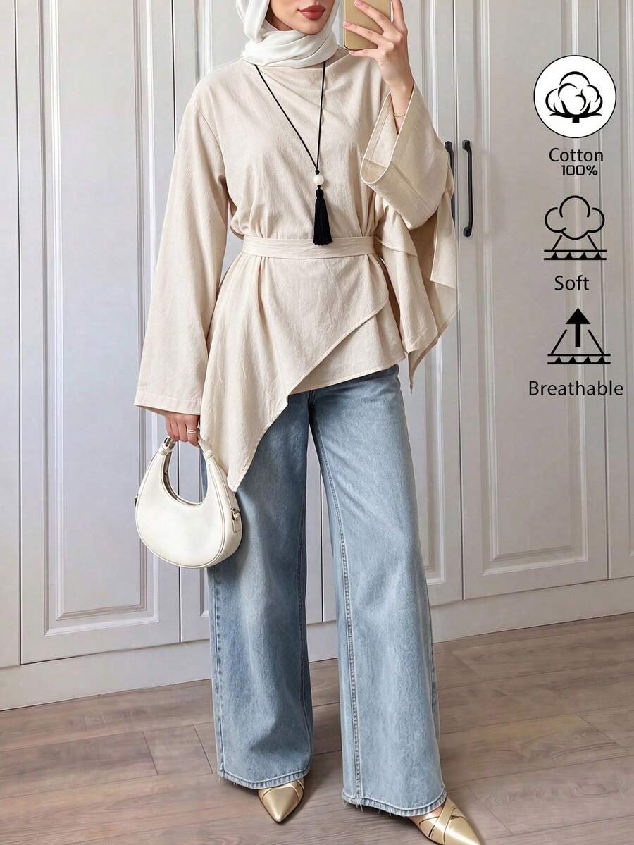 Elenzga Apricot Textured Washed Linen Asymmetrical Wrap Long Top With Belt, Lazy Minimalist Elegant Shirt, Suitable For Home, Office Street Wear Fall/Winter - Apricot - View 1