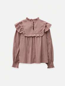 Nöista Light Brown Plaid Top Ruffles, Loose-Fitting Straight Cut, Sweet,Cute, Ruffled . Comfortable, Everyday Wear  Casual, Youthful Vibe.Fall/Winter,. - Pink - View 8