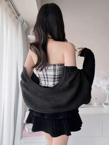 FRIFUL Women's Early Autumn New Korean Style Plaid Camisole & Cardigan Sweater 2 Pieces Set Cute Tops - Black - View 2
