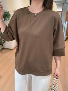 Dazy Plus Solid Color Loose Casual Front Short Back Long Hem Split Design Pullover 3/4 Sleeve T-Shirt For Spring Summer Autumn - Brown - View 2