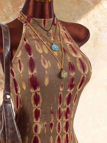 Amplova Bohemian Style High Neck Asymmetrical Ruffle Hem Cinched Waist Mini Dress - Multicolor - View 5