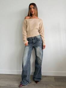 Aloruh Women's Solid Color Asymmetrical Shoulder Casual Daily Long Sleeve Sweater - Apricot - View 3