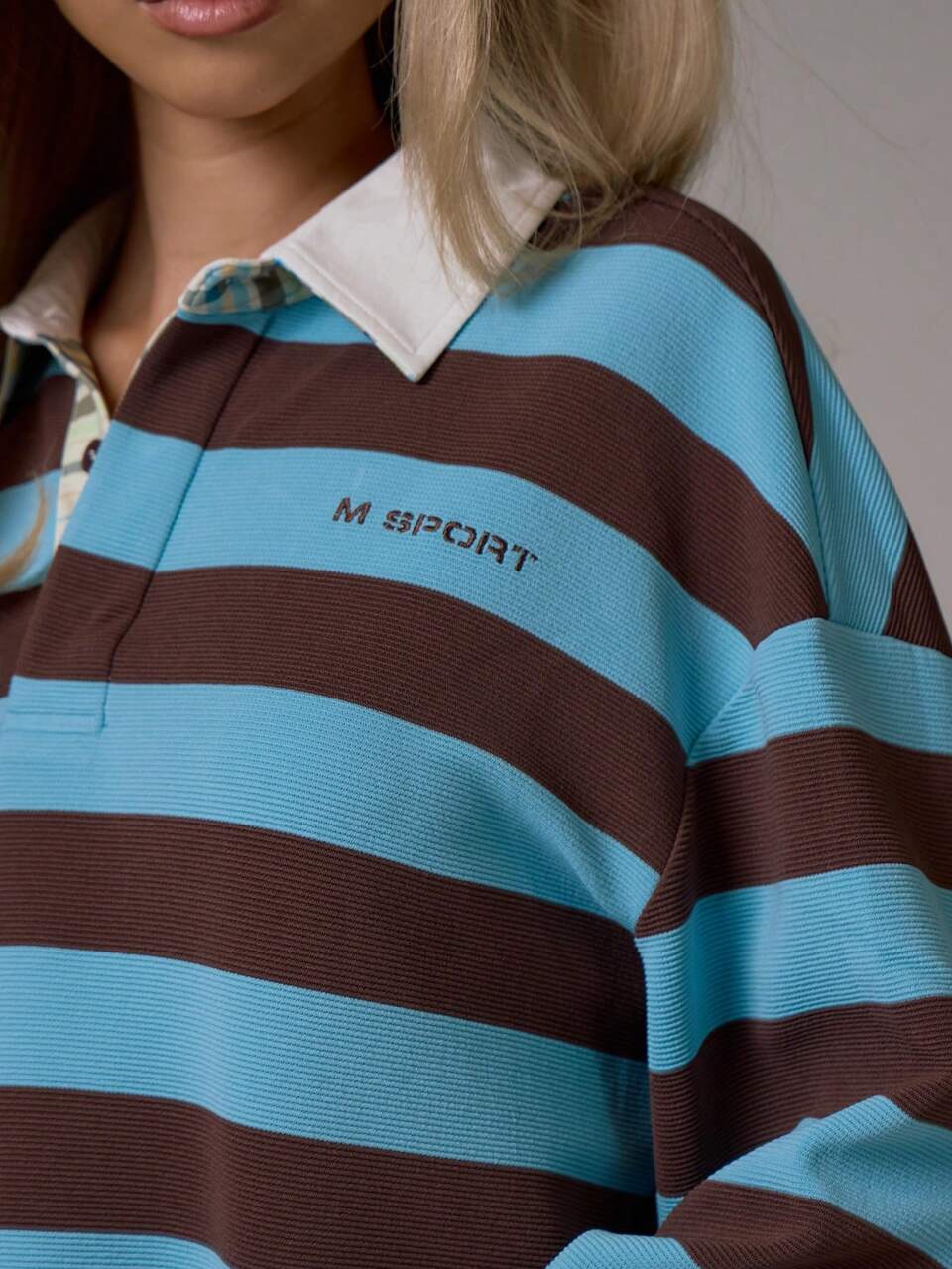 Sport Blue Striped Jersey Contrast Collar Button Through Oversized Longsleeve Active Polo Shirt Top