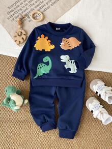 SHEIN Playful Pals طقم سويت شيرت وبنطلون رياضي بطبعة ديناصور للأولاد الرضع - متعدد الألوان - مشاهدة 5