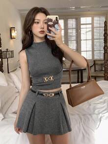 SHEIN MOD 女款鈕扣立領修身深灰色背心，秋季服飾，休閒襯衫，女款工作裝，返校穿搭 - 深灰色 - 查看 4