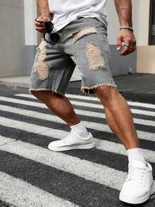 STEELVANCE Shorts vaqueros desgastados para hombre, estilo holgado, para salir, pasar el rato, ir al trabajo o de vacaciones, estilo emo - Lavado ligero - Ver 4