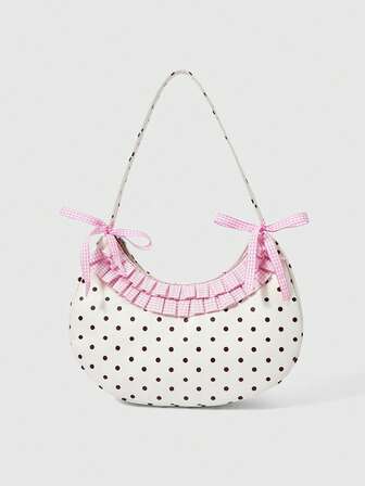 Kawaii Damen-Modetasche mit Polka-Dot- & Erdbeermuster und Rüschen, Erdbeere
