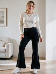 EMERY ROSE Women's Plus Size Lace Patchwork Waistband Leggings Black Fall Birthday Home High-Elastic Flared Trousers Formal Vacation Cargo Elegant - Black - View 5