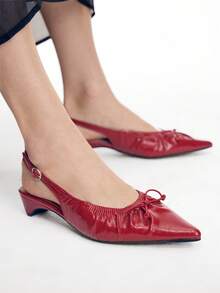 Mnmlis Elegant Pleated Bow Pointy Strap Rear Low Heel Retro French Red Shoes Commuter Dating Party Everyday Wear - Red - View 1