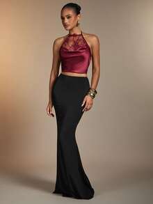 Hauture Damen Sexy Elegantes Transparentes Spitzen Hochhals Satin Crop Top, Urlaubs Party, Cocktailstunden, Date Nights, Abendessen, Perfektes Layering Stück - Bordeaux - Übersicht 4