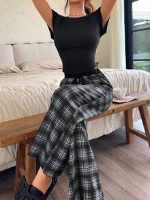 Napfluff 格子针织短袖睡衣套装，女士休闲家居服 - 黑與白 - 查看 6