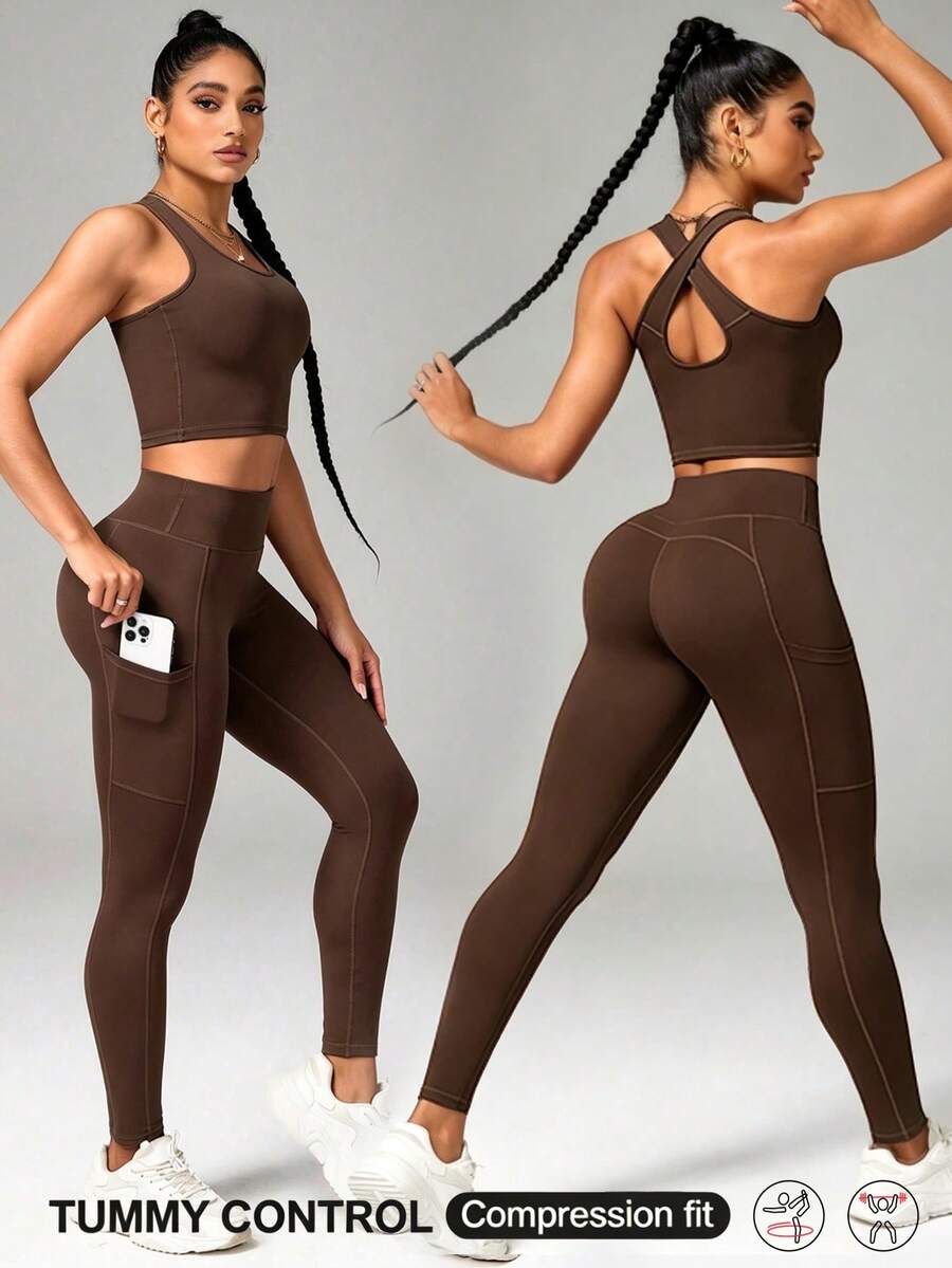 SHEIN Sports 短版背心與緊身褲運動套裝 - 咖啡棕 - 查看 1