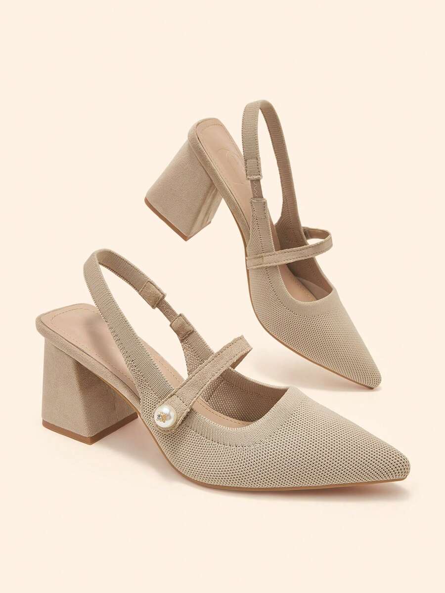 CUCCOO BASICS 時尚經典飛織透氣舒適通勤派對宴會尖頭粗高跟女鞋 Slingback 露跟高跟鞋 - 杏色 - 查看 1