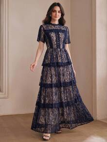 Anewsta Petite Summer New Short Sleeve Navy Blue Multi-Layer Lace Ruffle Hem Elegant Versatile Long Dress - Navy Blue - View 6