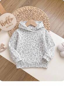 SHEIN 女嬰可愛百搭休閒豹紋連帽衛衣 - 灰色 - 查看 3