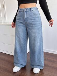 Dripcurv Plus Size Casual Loose Fit Washed Wide Leg Denim Jeans Formal Vacation Light Blue Summer - Light Wash - View 7