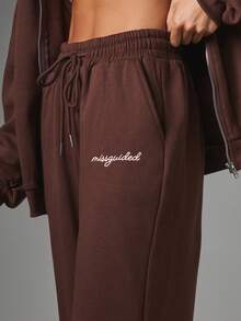 MISSGUIDED Wide Leg Jogger Sweatpants With Drawstring Waist And Script Logo Print Cosy Casual Athleisure Full Length Trousers Autumn Winter Work Dark Brown - Coffee Brown - View 4