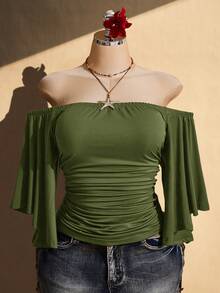 SHEIN ICON 女款大尺碼抓褶修身露肩上衣 - 軍綠色 - 查看 4