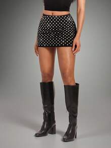 Radiana Women's Rhinestone Decorated Fitted Mini Skirt Shorts - Black - View 6