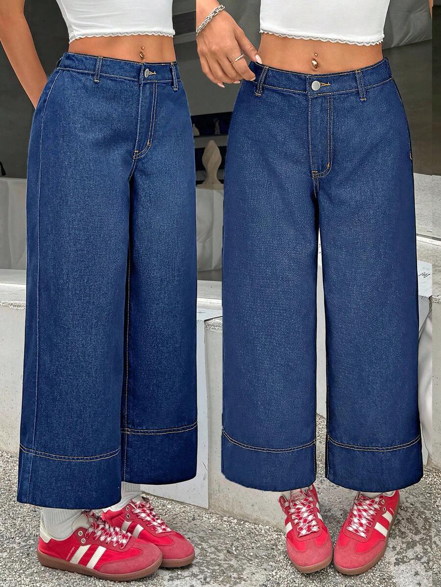 SHEIN PETITE Women's Low Waist Straight Leg Cropped Jeans Blue