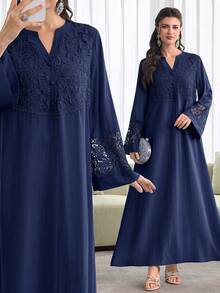 Al Najma Spring/Summer Fashion V-Neck Flared Sleeve Patchwork 3D Embroidered Lace Trim Full Skirt Dress - Navy Blue - View 4