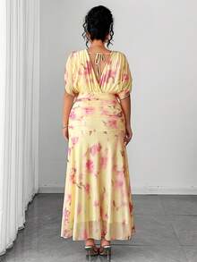 Elenzga Plus Size Summer Elegant Celestial Floral Print Dress Wedding Party Formal Yellow - Multicolor - View 2