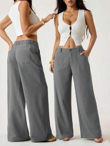 SHEIN PETITE 100% Washed Cotton Low Waist Straight Pants ,Petite Women - Grey - View 2