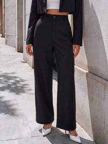 Chiquease Pantalones de pierna ancha de cintura alta de uso diario de unicolor para mujeres - Negro - Ver 1