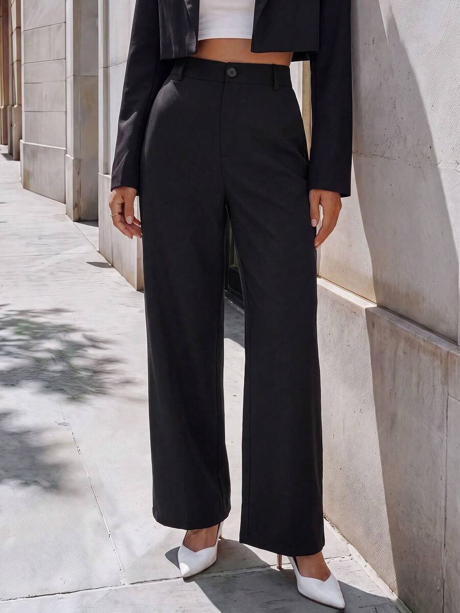 Chiquease Pantalones de pierna ancha de cintura alta de uso diario de unicolor para mujeres - Negro - Ver 1