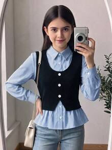少女藍色羅紋拼接毛絨面料翻領V領收腰設計高端優雅洗鍊返校派對穿搭秋季襯衫上衣新款時尚必備小眾設計百搭長袖拼接女襯衫 - 彩色 - 查看 5