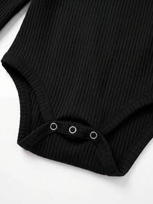 SHEIN 2pcs Baby Girl Casual Cute Knit Solid Color Long Sleeve Rompers - Black and White - View 7