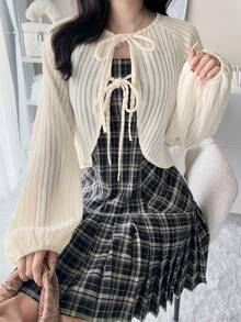 FRIFUL Atasan Wanita Model Regular Berlapis dengan Kain Bertekstur Ribbed Korea Terbaru untuk Awal Musim Gugur, Model Ikat Depan, dan Model Lucu. - Aprikot - View 6