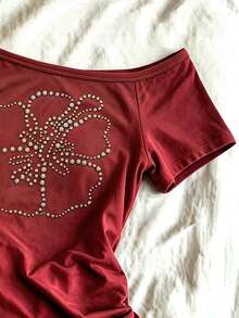 IslaSuriya Plus Size Summer Casual Rhinestone Decor Asymmetric Collar T-Shirt - White - View 4