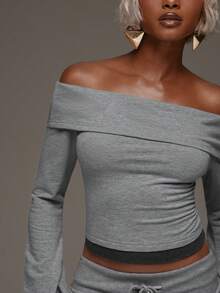 Normani Women's Off-Shoulder Colorblock Patchwork Top - Light Grey - View 6