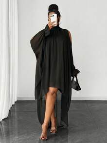 Maweii Plus Size Solid Color Asymmetric Hem Elegant Mandarin Collar Dress Fall - Black - View 6