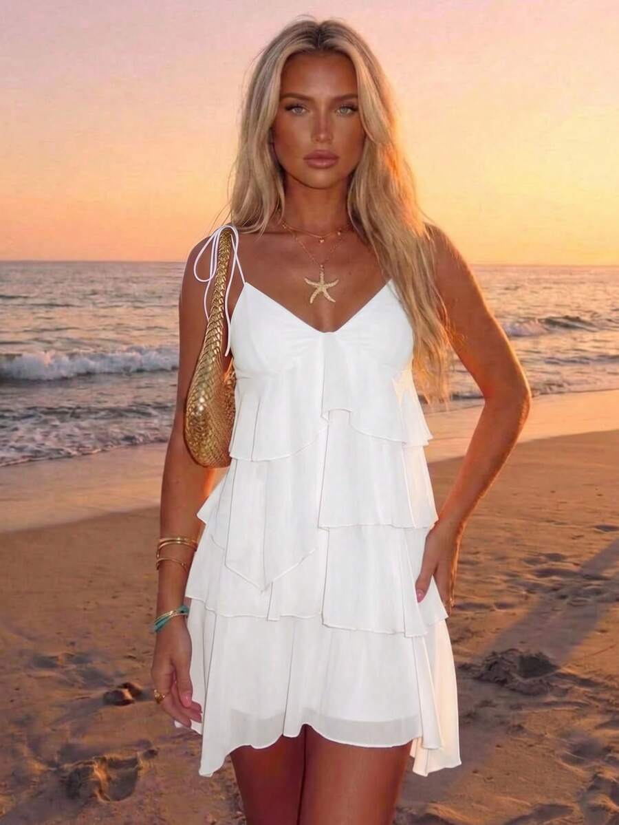 Aloruh Women's Solid Color Multi-Layer Ruffle Backless Spaghetti Strap Mini Dress For Vacation And Beach - White - View 1