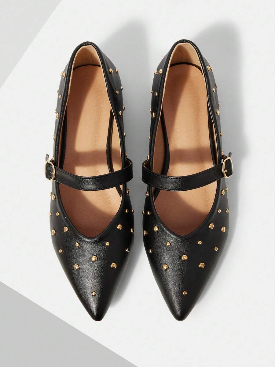 Mnmlis Women's New Fashion Rivet Single Strap Pointed Toe Flat Shoes Fall Shoes - Black 6 - View 1
